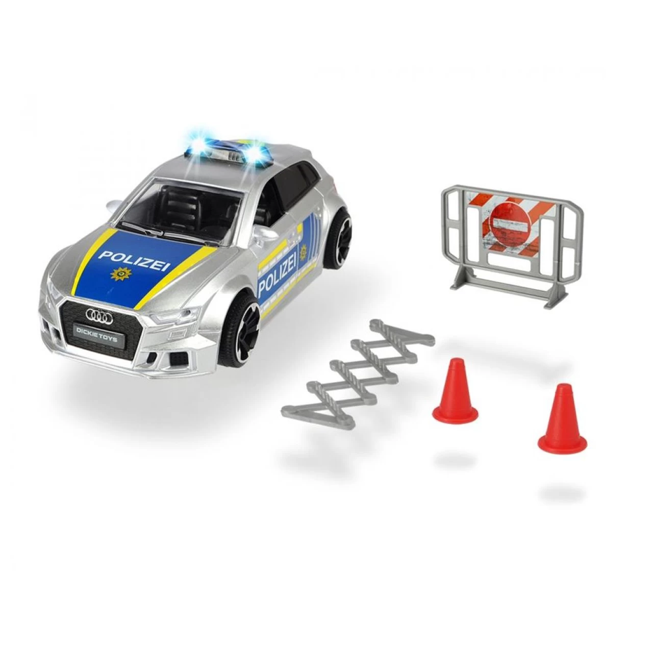 Dickie Toys - Audi RS3 - 15 Cm Großes Polizeiauto Mit Straßensperre Und Pylone, Licht & Sound 1 Dickie Toys - Audi RS3 - 15 Cm Großes Polizeiauto Mit Straßensperre Und Pylone, Licht & Sound