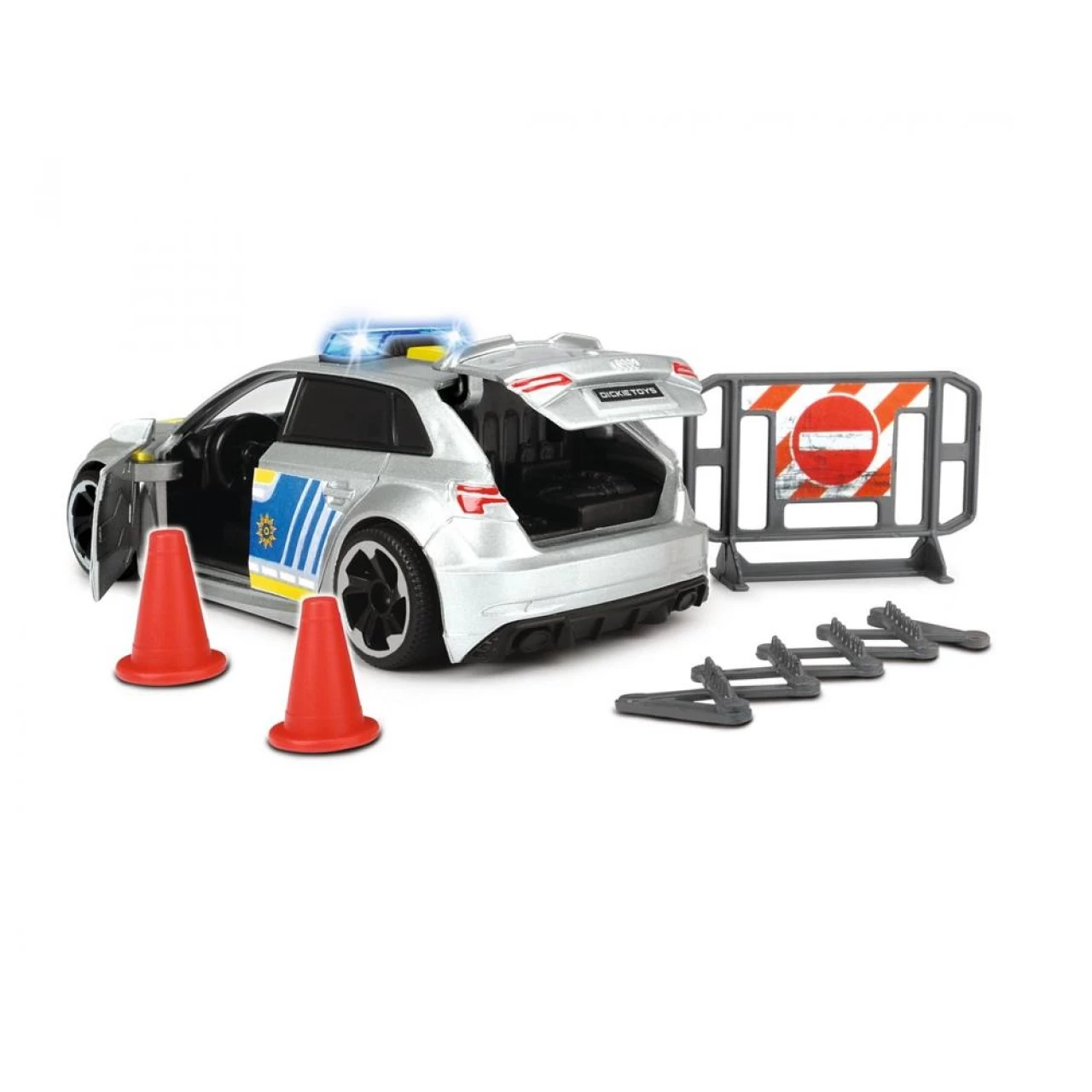 Dickie Toys - Audi RS3 - 15 Cm Großes Polizeiauto Mit Straßensperre Und Pylone, Licht & Sound 2 Dickie Toys - Audi RS3 - 15 Cm Großes Polizeiauto Mit Straßensperre Und Pylone, Licht & Sound – Bild 2