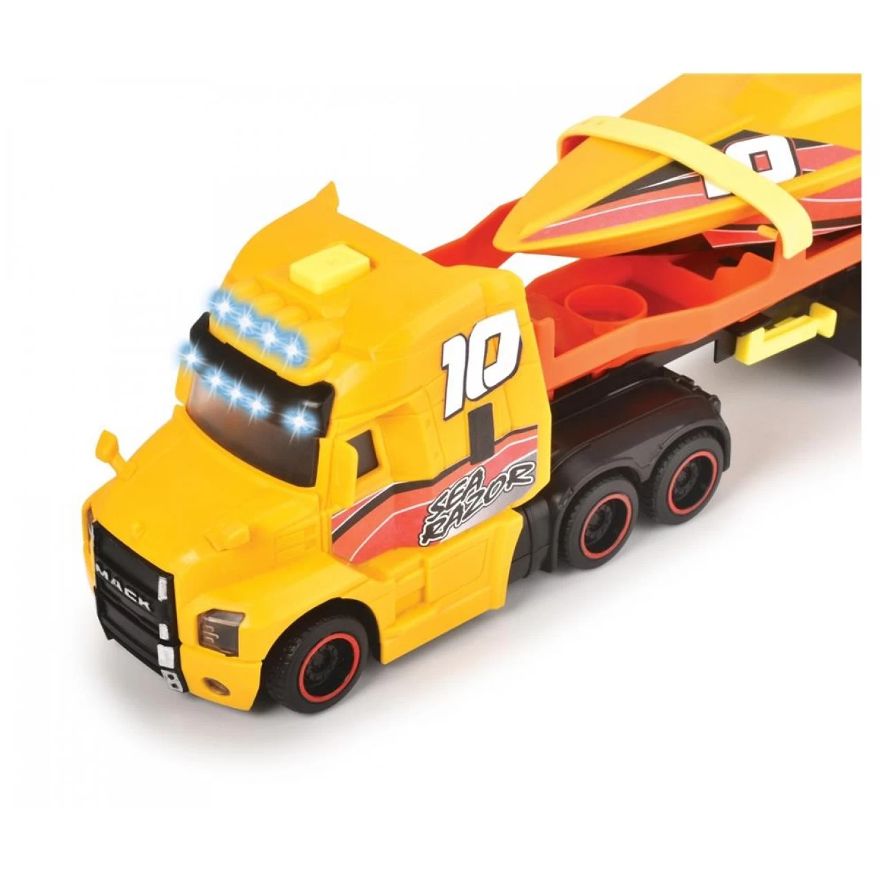 Dickie Toys Sea Race Truck Schwertransporter Großer LKW Mit Anhänger Und Boot, Mit Licht Und Sound 2 Dickie Toys Sea Race Truck Schwertransporter Großer LKW Mit Anhänger Und Boot, Mit Licht Und Sound – Bild 2