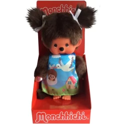 Sekiguchi Monchhichi Mädchen 20 Cm Mit Storchen-Kleid Und Zöpfen Aus Braunem Plüsch