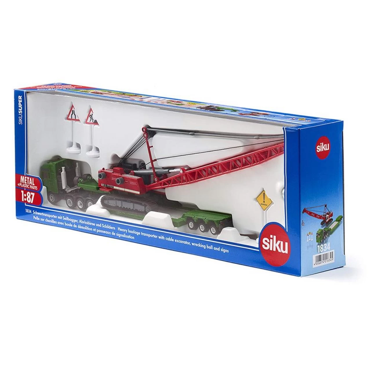 SIKU 1834 Schwertransport Inkl. Bagger Mit Abrissbirne Und Verkehrsschildern, 1:87 5 SIKU 1834 Schwertransport Inkl. Bagger Mit Abrissbirne Und Verkehrsschildern, 1:87 – Bild 5